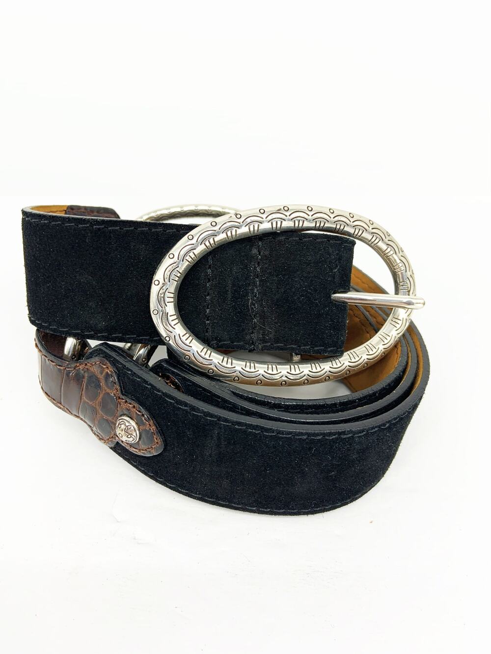 Brighton Black Suede Belt with 3 Silver Links and Embossed Accents Size 40